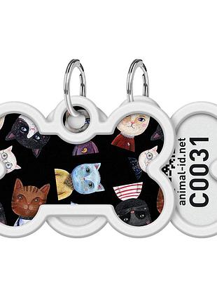 Адресник для собак и котов металлический waudog smart id с qr паспортом, рисунок "коты", кость, дл 40 мм, ш 28 мм