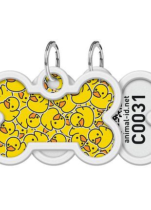 Адресник для собак и котов металлический waudog smart id с qr паспортом, рисунок "качки", кость, дл 40 мм, ш 28 мм