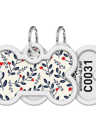 Адресник для собак и котов металлический waudog smart id с qr паспортом, рисунок "рослины", кость, дл 40 мм, ш 28 мм