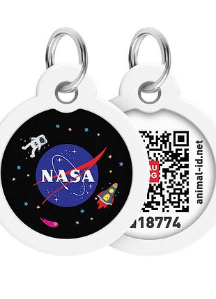 Адресник для собак и котов металлический waudog smart id с qr паспортом, рисунок "nasa", круг, дл 30 мм