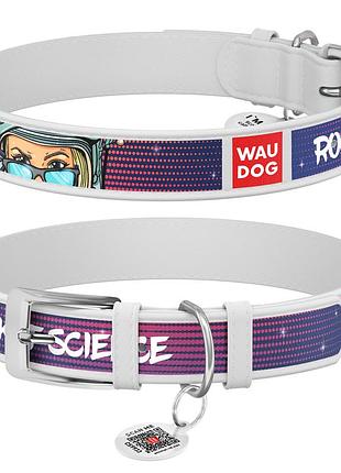 Ошейник для собак кожаный waudog design с qr паспортом, рисунок "космос. ракетостроение", s, ш 15 мм, дл 26-35 см белый