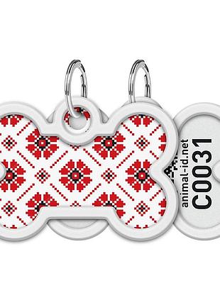 Адресник для собак и котов металлический waudog smart id с qr паспортом, рисунок "вышиванка", кость, дл 40 мм, ш 28 мм