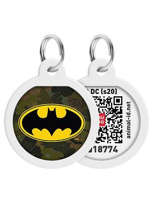 Адресник для собак и котов металлический waudog smart id с qr паспортом, рисунок "бэтмен зеленый", круг, дл 25 мм