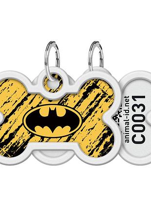 Адресник для собак и котов металлический waudog smart id с qr паспортом, рисунок "бэтмен эскиз", кость, дл 40 мм, ш 28 мм