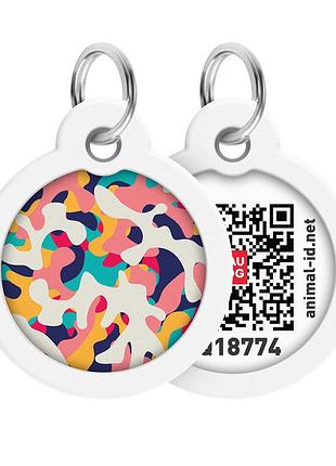 Адресник для собак и котов металлический waudog smart id с qr паспортом, рисунок "камо разноцветный", круг, дл 30 мм