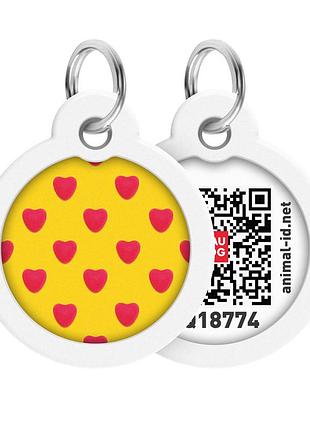Адресник для собак и котов металлический waudog smart id с qr паспортом, рисунок "сердца", круг, дл 30 мм