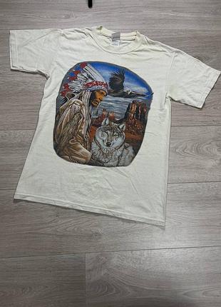 Винтажная футболка мерч 2000х года с волком индейцем gildan