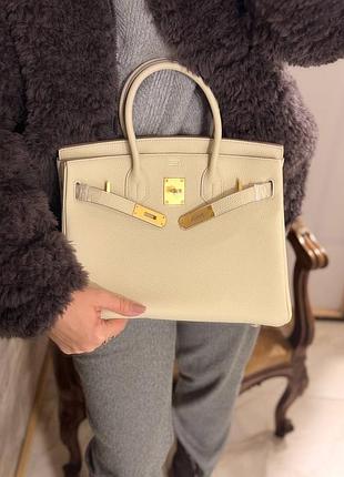 Сумка женская кожаная бежевая шоппер 30 см  в стиле биркин