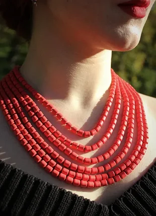Намисто ручної роботи коралі кераміка 6 рядів 65см сплав бронза червоні 60013