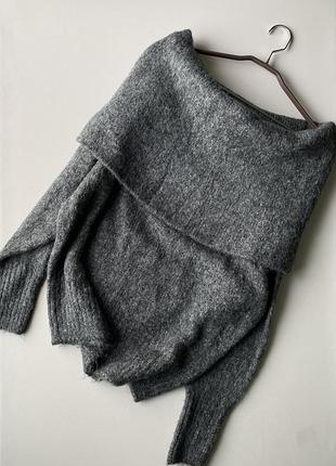 Светр джемпер жіночий h&m з відкритими плечима подовжений темно-сірий однотонний