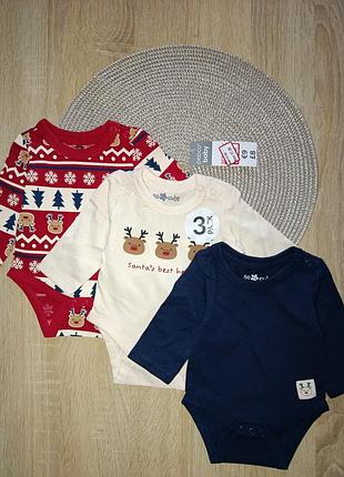 Боди, бодики на длинный рукав на малышей 0-1 месяц (56 см) с новогодними принтами.