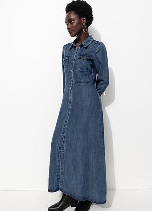 Promod джинсове максі плаття сорочка сарафан поло синє блакитне натуральне базове ліоцел р. xs s повсякденне бохо