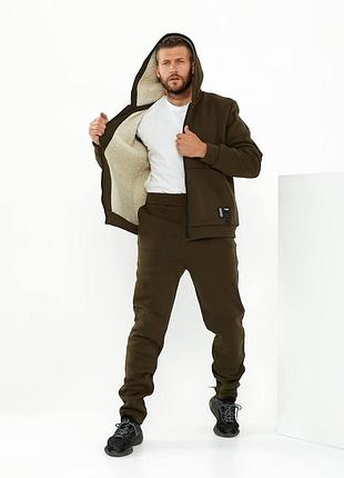 Зимний мужской спортивный костюм на меху, на молнии с капюшоном костюм зима
