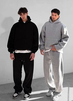 Спортивный костюм женский / мужской черный с капюшоном оверсайз на флисе теплый осенний весенний зимний