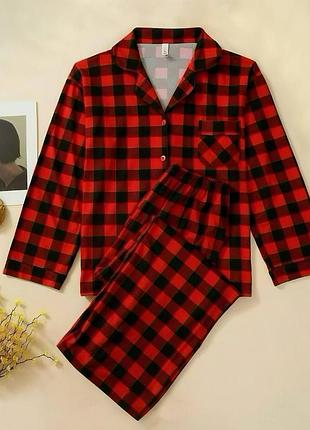 Жіночий повсякденний домашній коттонова костюм у клітинку двійка штани та сорочка