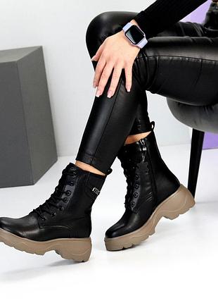 Базовые женские кожаные черные ботинки зимние ботинки теплые на меху натуральная кожа зима