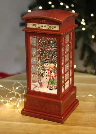 Настільний новорічний музичний нічник "телефонна будка" 20 см. . нічник на батарейках