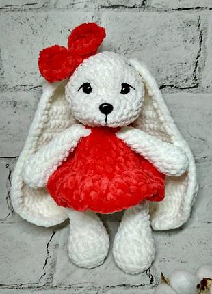 Мягкая игрушка вязаная ручной работы амигуруми зайчик в платье плюшевый 25 см