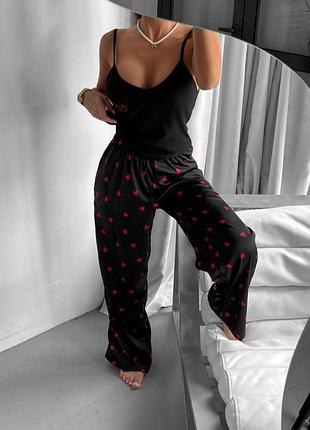 Пижама женская черная шелковая осенняя весенняя летняя в рубчик