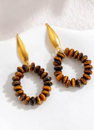 Сережки натуральне каміння тигрове око нержавіюча сталь stainless steel