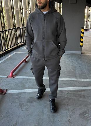 Чоловічий теплий зимовий спортивний костюм із начісом сірий графіт