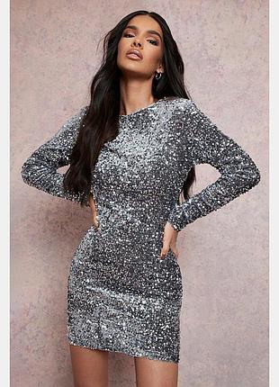 Коротке плаття сукня в паєтках срібне святкове нове boohoo 10 s-m