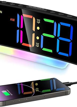 Будильник для спальні з нічником, великим світлодіодним дисплеєм, великими цифрами, цифровим будильником із 7 кольорами, подвійним