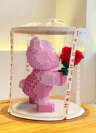 Конструктор ведмідь із розою подарунок сюрприз рожевий ведмедик