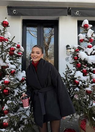 Жіноча зимова куртка-на-запах з поясом, оверсайз, 42–48 (синя/чорна/коричнева