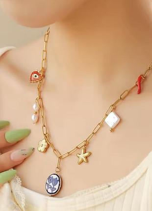 Тренд жіночий ланцюжок з шармами медична нержавіюча сталь позолота кольє намисто цепь