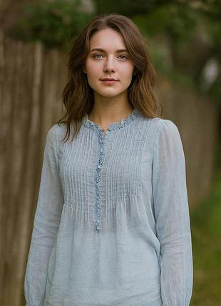 Полупрозрачная небесно голубая блуза крапива рубашка поло рюши кружево защипы крестьянка романтик бохо