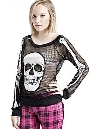 Топ сетка со скелетом черный лонгслив сеточка эмо готик готичный
