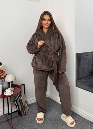 Женская теплая махровая пижама тройка,домашняя махровая комплект с халатом, махровая домашняя одежда