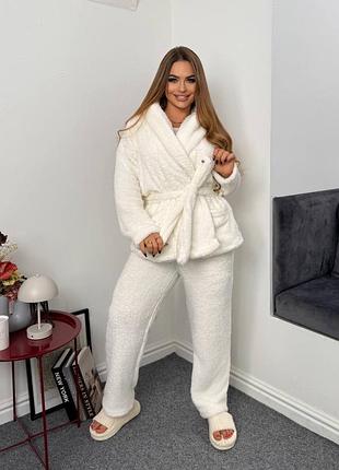 Женская теплая махровая пижама тройка,домашняя махровая комплект с халатом, махровая домашняя одежда