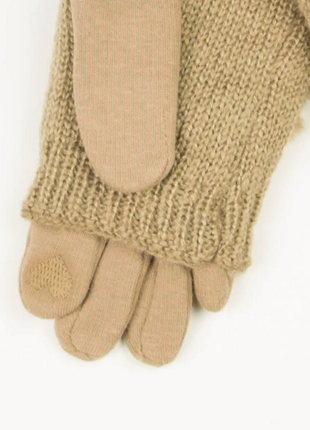 Текстильные женские перчатки-митенки с вязкой и искусственным мехом в цвет перчаток5 фото