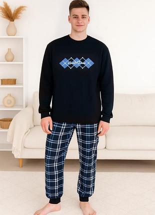 Мужская теплая пижама с начесом, мужская теплая пижама на байке, мужская теплая пижама футер с начесом, утепленная пижама, мужской домашний комплект