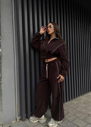 Женский флисовый костюм с кантом, теплый женский флисовый костюм с широкими брюками