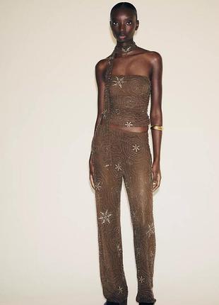 Женский тюлевый костюм с топом и штанами со стразами и бисером