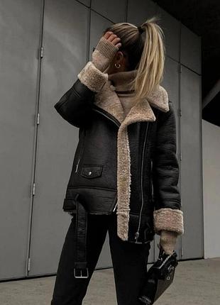 Стильная женская теплая дубленка из экокожи