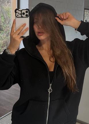 Худі жіноче чорне турецька тринитка на флісі ( one size ) / тепле худі з капюшоном