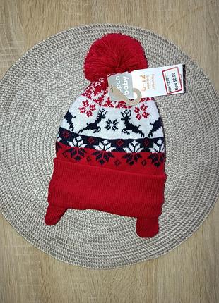 Шапка зимняя на флисовой подкладке на малышке 6-12 месяцев с новогодними принтами ☃️