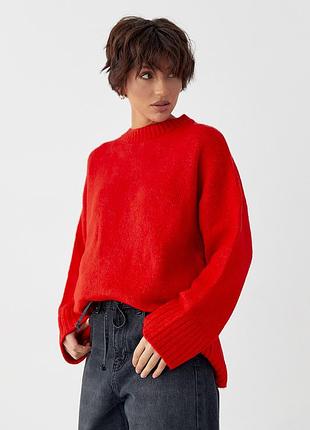 Однотонна в'язана кофта з широкими рукавами червоний мветр, сервона. тепла кофта