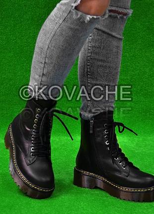Женские натуральные кожаные зимние ботинки черные на толстой подошве платформе с желтыми швами средней высоты размер 35 стелька 23 см