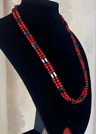 Стильне кольє намисто трансформер з природніх коралiв та гематиту