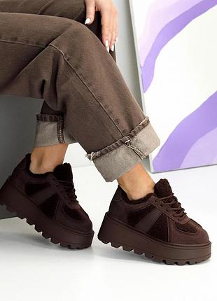 Повседневные женские кожаные коричневые кроссовки зимние теплые на меху натуральная кожа зима