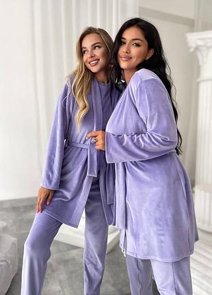 Жіноча велюрова піжама трійка штани, футболка і халат з поясом