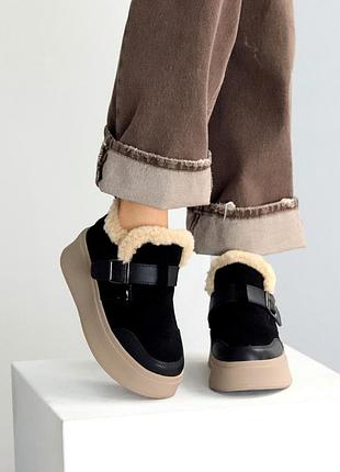 Замшевые женские черные ботинки на платформе танкетке зимние ботинки теплые на меху натуральная