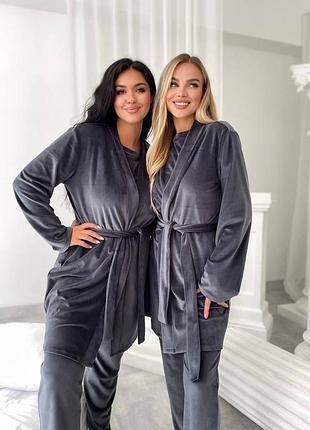 Жіноча велюрова піжама, домашній костюм трійка штани, футболка і халат з поясом