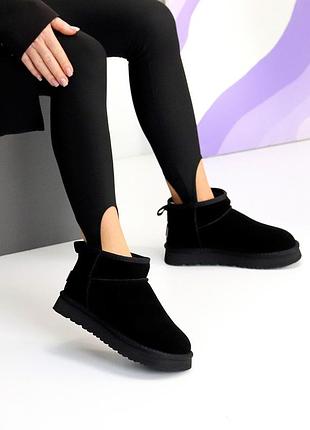 Комфортные черные женские угги зимние теплые на меху натуральный мех зима