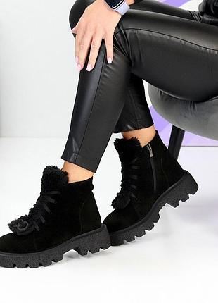Модные замшевые женские черные ботинки зимние ботинки натуральная замша зима